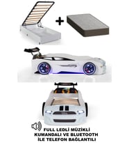 Beyaz Arabalı Yatak Sport Mst Full Ledli Kumandalı Baza Ortopedik Yatak