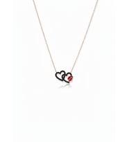 925 Ayar Papatya Silver Siyah Taşlı Çift Kalp Uğur Böceği Kolye.rose.gold.rodaj