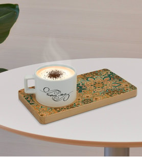 BK Gift Kişiye Özel Retro Motif Tasarımlı Doğal Ahşap Tabaklı Seramik Fincan Sunum Seti  Model 11