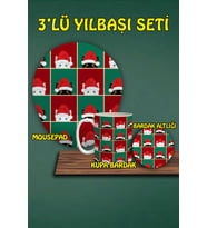 Yılbaşı Temalı 3'lü Bilek Destekli Mousepad Kupa ve Bardak Altlığı Seti