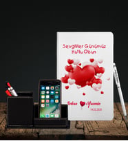 Sevgililer Gününe Özel Beyaz Defter Kalem & Deri Kaplama Kalemlik Hediye Seti 30