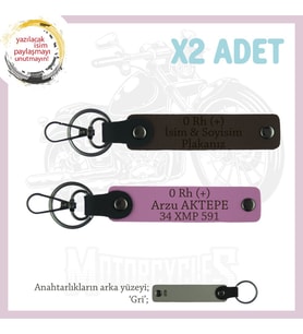 Motosiklet Aşıklarına İsim Plaka ve 0 Rh (+) Kan Grubu, Acil Durum Anahtarlığı x2, K Kahve-Pembe-Gr (Çok Renkli)