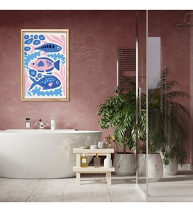 Tekli Ahşap Lamine Çerçeveli Mdf Banyo Tablosu Mavi Balıklar (Ahşap)