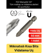 #Bitsuç 50 mm Mıknatıslı Yıldız Vidalama Bits Uç PZ2 Manyetik 1/4" Şarjlı Matkap Ucu Kısa Boy 1 Adet
