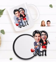 BK Gift Kişiye Özel Sevgililer Karikatürlü Beyaz Kupa ve Ahşap Bardak Altlığı Hediye Seti-1