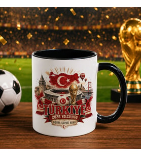 BK Gift Türkiye Taraftar Temalı Dünya Futbol Kupası Tasarımlı Siyah Kupa Bardak-7 Tek Yürek Milli Takım Ruhu