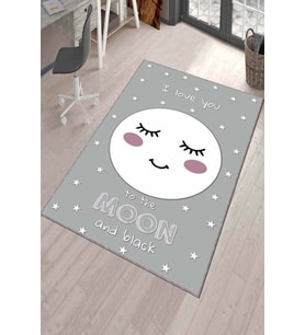 Gri Yıkanabilir Kaymaz Tabanlı Ay Desenli Bebek Halısı KD34