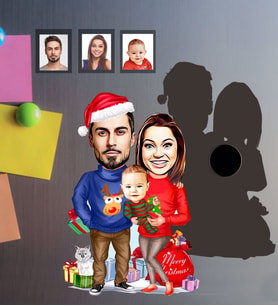 Kişiye Özel Yılbaşı Aile Karikatürlü Ahşap Magnet Model-3