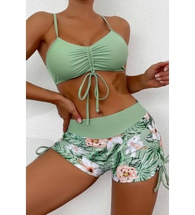 Angelsin Büzgü Ayarlı Baskılı Deniz Şortu Bikini Alt (Yeşil)