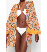 Moda Dokuma Regular Kalıp Crop V Yaka İspanyol Kol Vual Basic Çiçekli Desen Kimono Kaftan