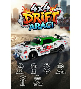 Uzaktan Kumandalı Şarjlı 4x4 Drift Arabası 1:16 Işıklı Buhar Efektli RC Yarış Arabası