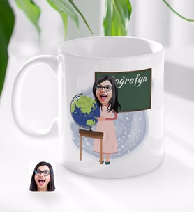 BK Gift Kişiye Özel Kadın Coğrafya Öğretmeni Karikatürlü Beyaz Kupa Bardak-1