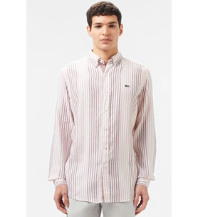Lacoste Men's Regular Fit Button-Down Collar Linen Shirt Erkek Düğmeli Yaka Keten Gömlek Kahverengi