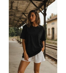 Kadın Siyah %100 Pamuk Oversize Basic Tişört – Rahat Kalıp Relaxed Bisiklet Yaka T-Shirt