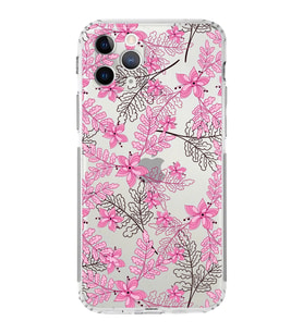 Apple iPhone 11 Pro MaxKamera Korumalı Tıpalı Kapak Floral Pembe Tasarımlı Şeffaf Kılıf