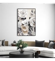 Yağlı Boya Dokulu Tablo Modern Beyaz Çiçekler Siyah Çerçeveli U02008