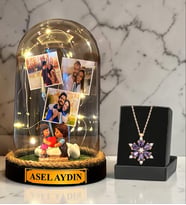Kişiye Özel 3 Fotoğraflı Led Işıklı Fanus & Gerçek Ametist Taşlı Lotus Kolye – Kalp Tutan Çift Biblosu Hediyeli