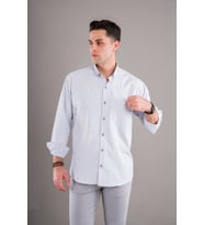 BİCAN KLASİK KESİM CEPLİ DESENLİ  UZUN KOL GÖMLEK (Beyaz)