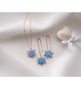 925 AYAR papatya silver turkuaz opal küpe,kolye set.opal takım.manolya set.rose.gold.rodaj