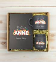 BK Gift Kişiye Özel İsimli DTF Anne Temalı Antrasit Defter & Kahve Fincanı & Mum Hediye Seti-2, Anneye Hediye, Anneler Günü Hediyesi