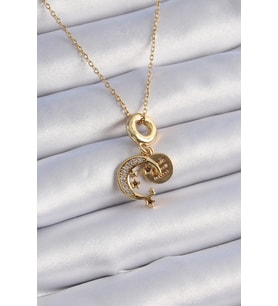 316L Çelik Gold Renk Zirkon Taşlı Ay Yıldız  Model Charm Model Kadın Kolye - TJ-BKO9312
