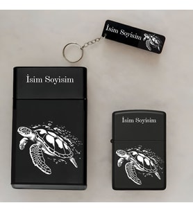 Kaplumbağa Caretta Desenli İsimli Çakmak,Metal Tabaka ve Anahtarlık Hediye Seti