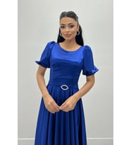 Saten Kumaş Balon Kol Midi Elbise - SAKS MAVİ (Saks Mavisi)