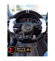 Audi Q5 Dikme Direksiyon Kılıfı Delikli Deri Parlak Siyah Beyaz Detay Çift Yüzük ve Dikiş 2017-2020