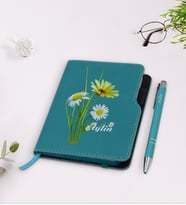 BK Gift Kişiye Özel Papatya Temalı Turkuaz Termo Deri Defter Kalem Seti-11