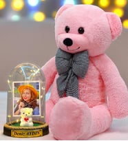 Kişiye Özel Premium Hediye Seti  Led Işıklı Fanus ve 80cm Büyük Boy Pembe Peluş Ayıcık (Model 5)