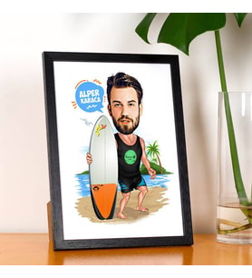 Kişiye Özel Sörf Yapan Erkek Karikatürlü Resim Çerçevesi