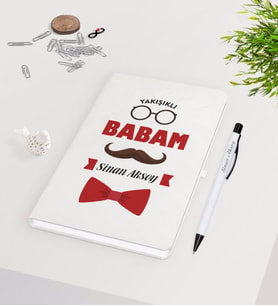 BK Gift Kişiye Özel Yakışıklı Babam Tasarımlı 9x14cm Beyaz Defter ve Kalem Hediye Seti - Model 1