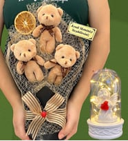 Kişiye Özel Büyük Boy 3'lü Peluş Ayıcık Buketi ve Led Işıklı Beyaz Melekli Fanus (Model 5)