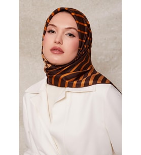 Şerit Desen Twill İpek Eşarp-0909 (Kahverengi)