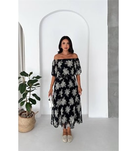 Neşeli butik kadın siyah madonna yaka şifon desenli midi boy elbise NBK091