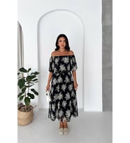 Neşeli butik kadın siyah madonna yaka şifon desenli midi boy elbise NBK091
