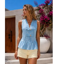 Kadın Gold Düğmeli V Yaka Peplum Bluz - Premium Modal Kolsuz Şık Üst 26100