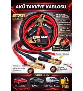 Akü Takviye Kablosu,1200 Amper, 2,3 Metre Uzunluk, Profesyonel Heavy Duty, Güçlü Timsah Kıskaçlı, Bakır İletken, Made in Turkey
