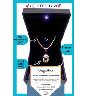 14 Şubat Sevgililer Günü Hediyesi "Sevgiliye" Anlamlı Not Işıklı Premium Kutuda  Yeşil Baget Kolye (Gold)