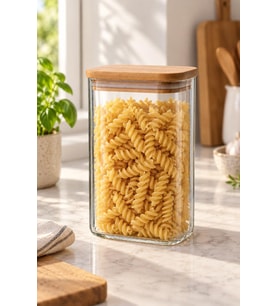Atbyhome Bambu Kapaklı Dikdörtgen Borosilikat Cam Erzak Kavanozu 1050 ml - Vakumlu Makarna Ve Bakliyat Kabı