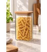 Atbyhome Bambu Kapaklı Dikdörtgen Borosilikat Cam Erzak Kavanozu 1050 ml - Vakumlu Makarna Ve Bakliyat Kabı
