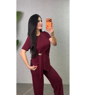 Kadın Kısa Kollu Bisiklet Yaka Yandan Toka Detaylı Viskon Iki Iplik Bluz Ve Pantolon Ikili Takım