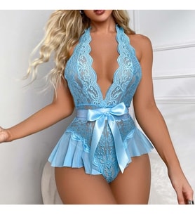 Kadın Mavi Dantel Body Derin V Yaka Fırfır ve Fiyonk Detaylı Fantazi İç Giyim 6623