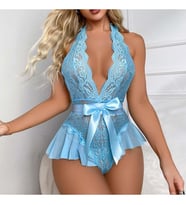 Kadın Mavi Dantel Body Derin V Yaka Fırfır ve Fiyonk Detaylı Fantazi İç Giyim 6623