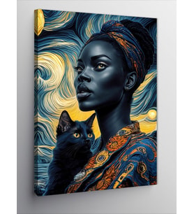 Kanvas Tablo Afrikalı Kadın Ve Siyah Kedi