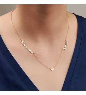 Kişiye Özel Çift İsim Mini Kalp Detaylı Kolye 925K Gümüş (Gold)
