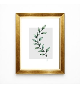 Tablore Sulu Boya Yeşil Yaprak Dalı Botanik Sanat Altın Çerçeveli Salon Tablosu