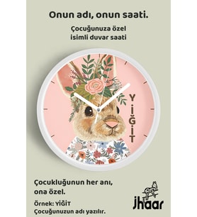 İsme Özel Sevimli Tavşan Çocuk Odası Duvar Saati Orta Boy 30 cm Beyaz Camlı Sessiz
