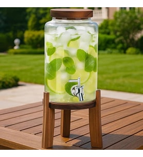 Akasya Standlı Cam Sebil 5L Musluklu Soğuk İçecek Dispenseri Limonata, Detoks Suyu, Meyve Aromaları