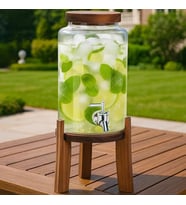 Akasya Standlı Cam Sebil 5L Musluklu Soğuk İçecek Dispenseri Limonata, Detoks Suyu, Meyve Aromaları